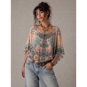 World Unity Boho Embellished Poncho Top Bohemian Peasant Ethereal Pink Green L